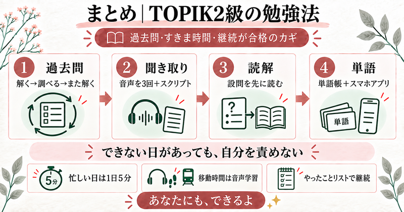 まとめ、TOPIK2級の勉強法。1過去問は解く→調べる→また解く、2聞き取りは音声を3回とスクリプト、3読解は設問を先に読む、4単語は単語帳とスマホアプリ。忙しい日は1日5分、移動時間は音声学習、やったことリストで継続する