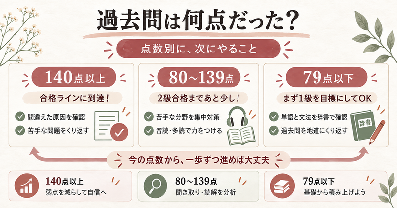 TOPIK2級の過去問は何点だった？点数別に次にやること。140点以上は合格ラインに到達で間違えた原因を確認し苦手な問題をくり返す、80〜139点は2級合格まであと少しで苦手な分野を集中対策し音読と多読で力をつける、79点以下はまず1級を目標にしてOKで単語と文法を辞書で確認し過去問を地道にくり返す