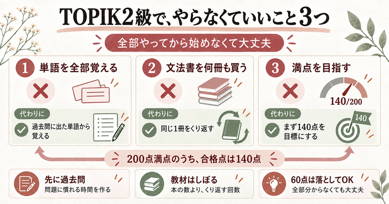 TOPIK2級でやらなくていいこと3つ。1単語を全部覚える→代わりに過去問に出た単語から覚える、2文法書を何冊も買う→代わりに同じ1冊をくり返す、3満点を目指す→代わりにまず140点を目標にする。200点満点のうち合格点は140点