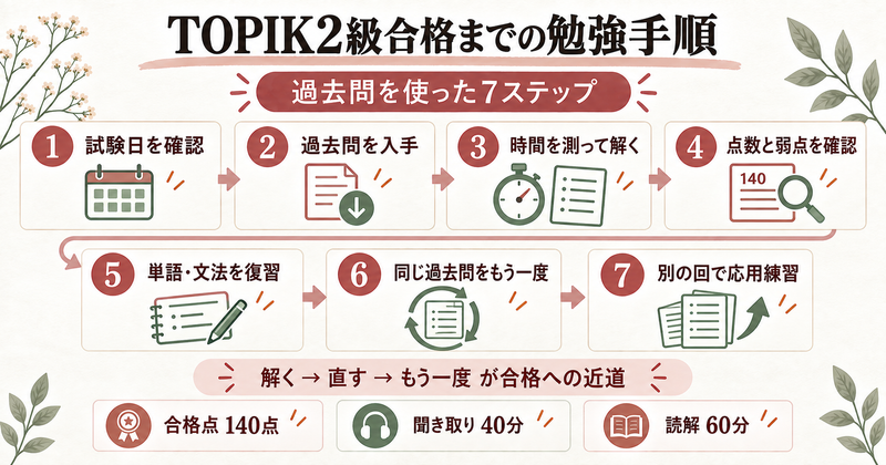 TOPIK2級合格までの勉強手順7ステップ。1試験日を確認、2過去問を入手、3時間を測って解く、4点数と弱点を確認、5単語と文法を復習、6同じ過去問をもう一度、7別の回で応用練習。解く→直す→もう一度が合格への近道。合格点140点・聞き取り40分・読解60分