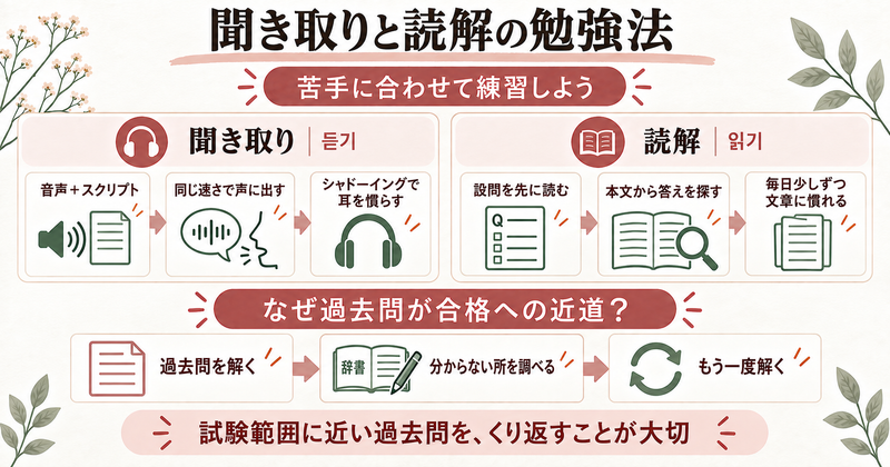 TOPIK2級の聞き取りと読解の勉強法。聞き取りは音声とスクリプト→同じ速さで声に出す→シャドーイングで耳を慣らす。読解は設問を先に読む→本文から答えを探す→毎日少しずつ文章に慣れる。過去問を解く→分からない所を調べる→もう一度解くをくり返す