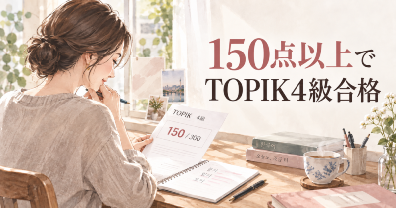合格点は300点満点中150点です。TOPIK IIは、点数によって3級〜6級が認定される絶対評価の試験です。
日本人だけの公式合格率は公表されていないため、「何%受かるか」よりも、150点を取るためにリスニング・作文・読解をどう積み上げるかで考えるのが現実的です。4級ボーダーは300点満点中150点(50%)。