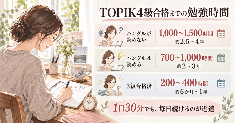 TOPIK4級までに必要な勉強時間の目安。ハングルが読めない人は1,000〜1,500時間で約2.5〜4年、ハングルは読める初級の人は700〜1,000時間で約2〜3年、3級合格済の人は200〜400時間で約6か月〜1年