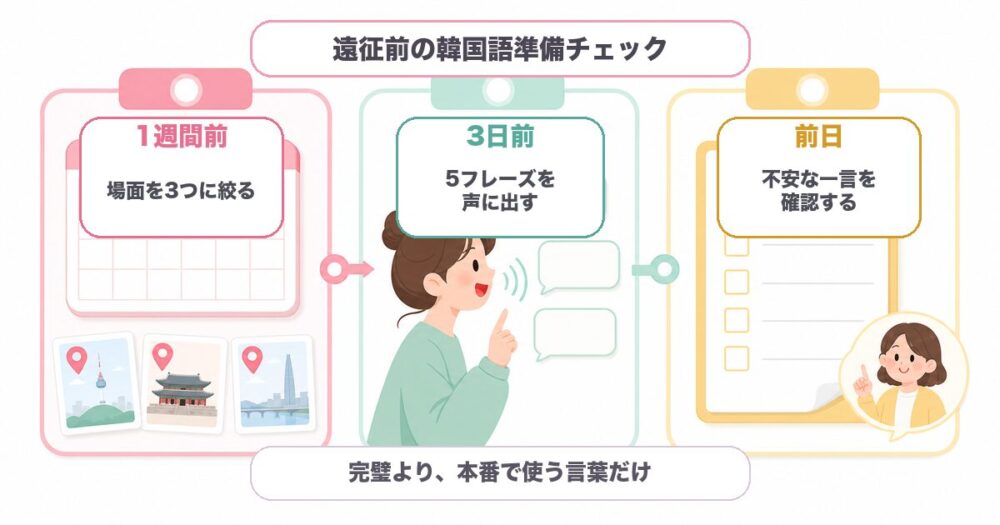 韓国遠征前に1週間前、3日前、前日にやる韓国語準備をまとめたチェックリスト図解