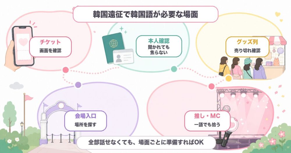 韓国遠征で韓国語が必要な場面をチケット、本人確認、グッズ列、会場入口、推しやMCに分けた図解