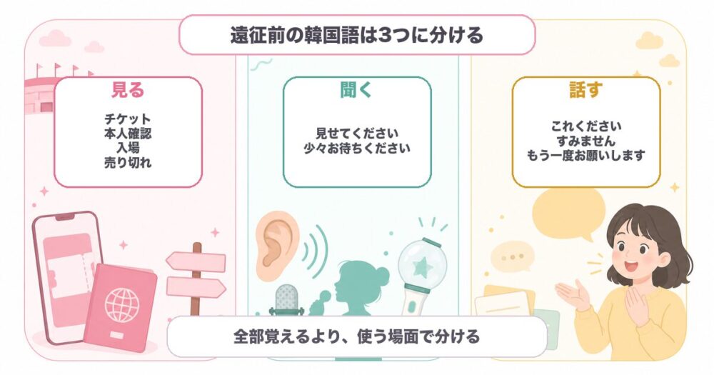 韓国遠征前の韓国語を、見る、聞く、話すの3つに分けて準備する図解