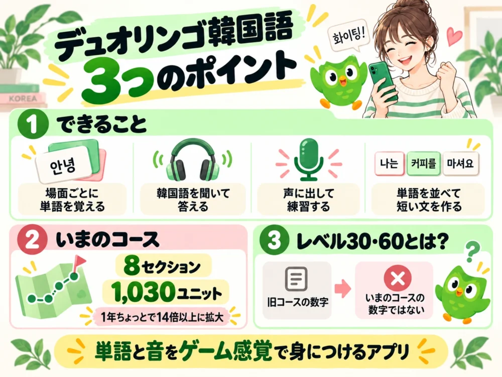 デュオリンゴ韓国語の3つのポイント。できること、いまのコース8セクション1,030ユニット、レベル30・60の意味