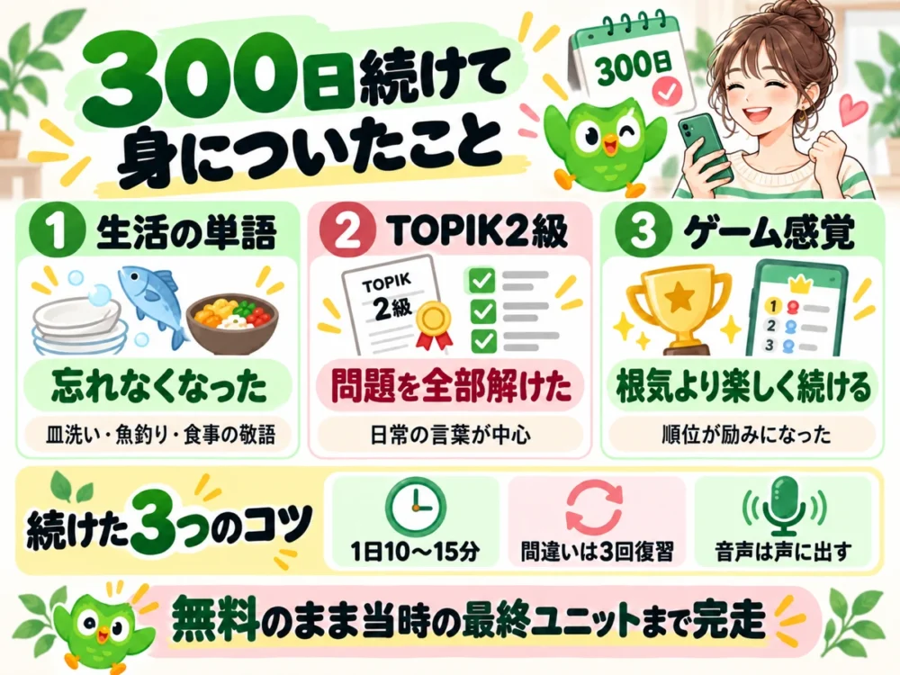 デュオリンゴを300日続けて身についたこと。生活の単語、TOPIK2級の問題、ゲーム感覚と続けた3つのコツ