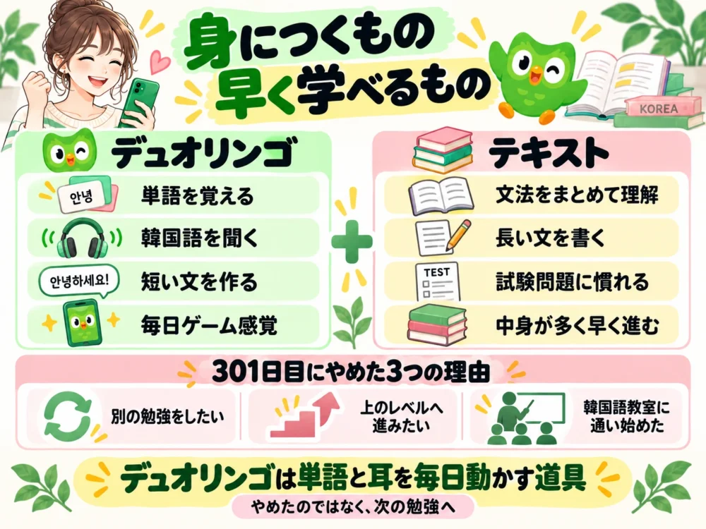 デュオリンゴで身につくものとテキストで早く学べるもの、301日目にやめた3つの理由