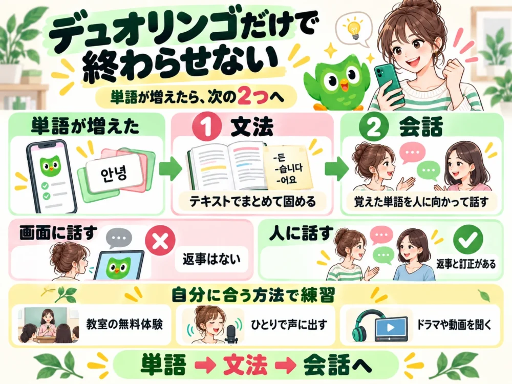 デュオリンゴだけで終わらせない。単語が増えたら次は文法と会話へ