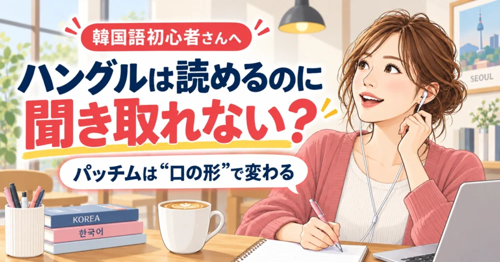 ハングルは読めるのに韓国語が聞き取れない人へ。パッチムは口の形で変わる。イヤホンで韓国語を聞きながらノートに書いている女性のイラスト