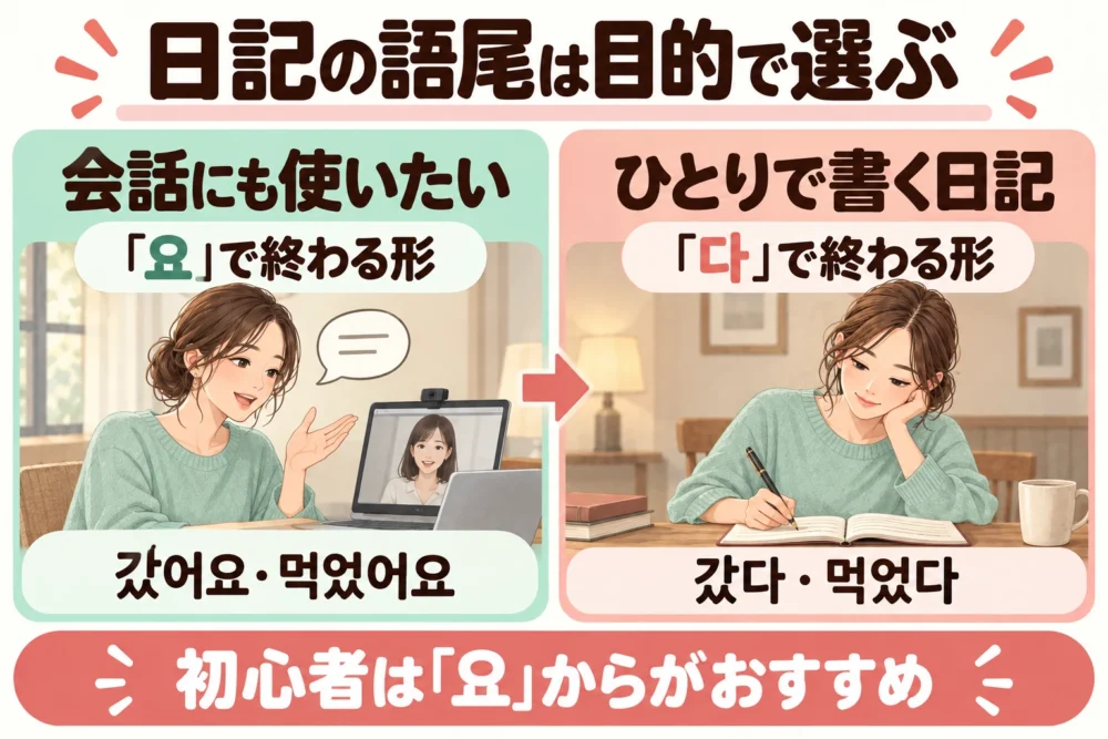 日記の語尾は目的で選ぶ。会話にも使いたいなら요で終わる形（갔어요・먹었어요）、ひとりで書く日記なら다で終わる形（갔다・먹었다）。初心者は요からがおすすめ