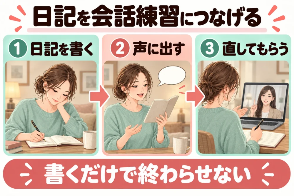 日記を会話練習につなげる。1 日記を書く、2 声に出す、3 直してもらう。書くだけで終わらせない