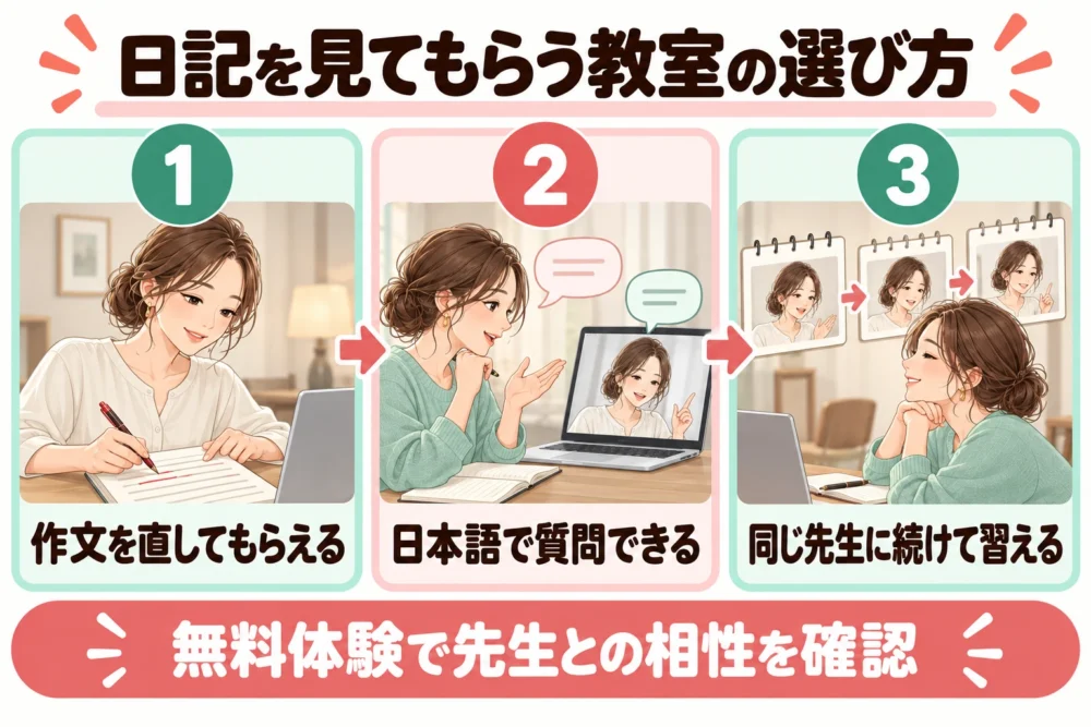 日記を見てもらう教室の選び方。1 作文を直してもらえる、2 日本語で質問できる、3 同じ先生に続けて習える。無料体験で先生との相性を確認