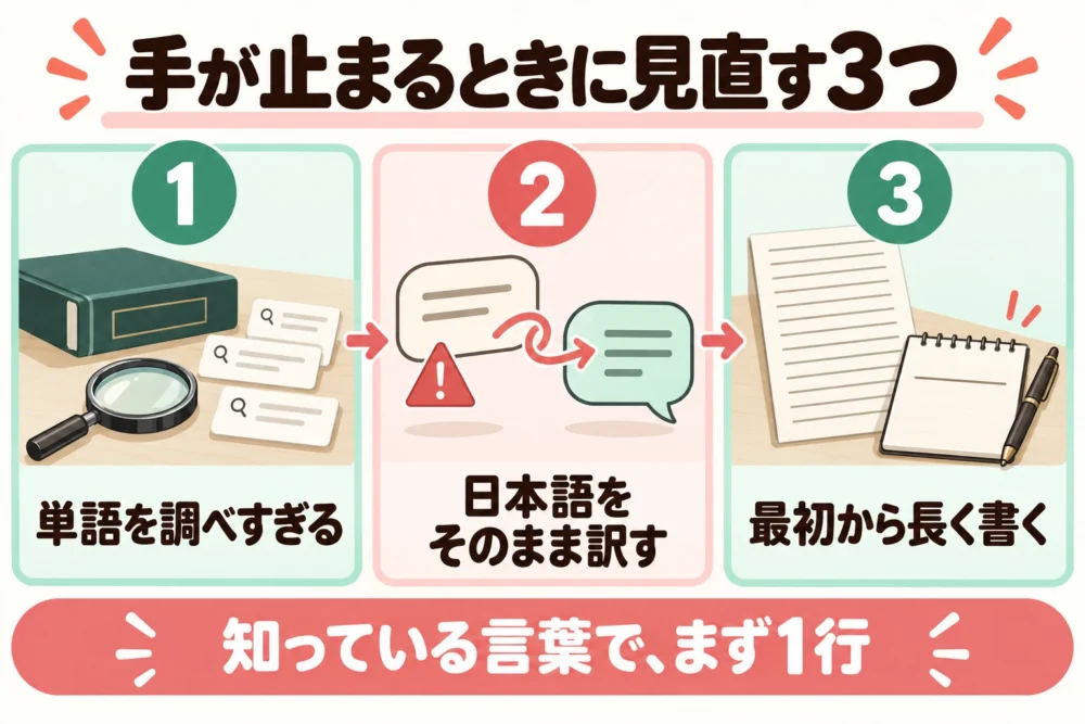 手が止まるときに見直す3つ。1 単語を調べすぎる、2 日本語をそのまま訳す、3 最初から長く書く。知っている言葉で、まず1行
