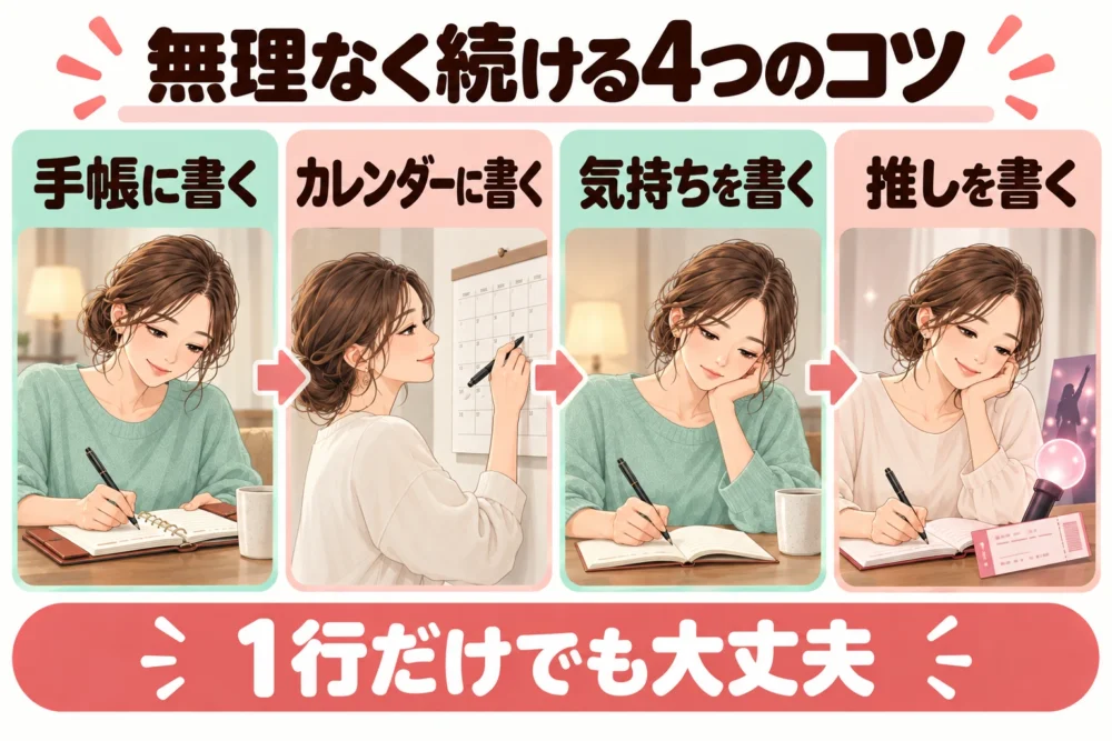 無理なく続ける4つのコツ。手帳に書く、カレンダーに書く、気持ちを書く、推しを書く。1行だけでも大丈夫