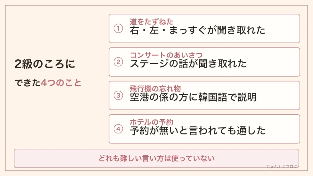 TOPIK2級のころに実際にできた4つのこと。道をたずねた（右・左・まっすぐが聞き取れた）、コンサートのあいさつ（ステージの話が聞き取れた）、飛行機の忘れ物（空港の係の方に韓国語で説明）、ホテルの予約（予約が無いと言われても通した）。どれも難しい言い方は使っていない