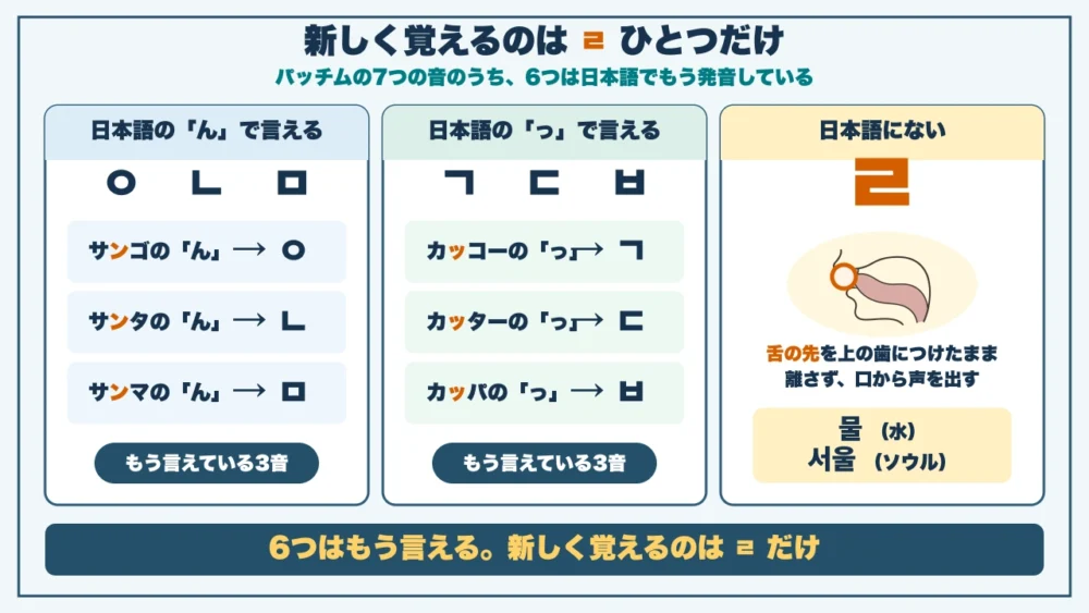 パッチムの7つの音のうち6つは日本語でもう発音している。サンゴ・サンタ・サンマの「ん」がㅇ・ㄴ・ㅁ、カッコー・カッター・カッパの「っ」がㄱ・ㄷ・ㅂ。日本語にないのはㄹだけで、舌の先を上の歯につけたまま離さず口から声を出す。물(水)・서울(ソウル)の最後の音
