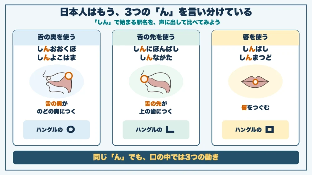 日本人はもう3つの「ん」を言い分けている。しんおおくぼ・しんよこはまの「ん」は舌の奥がのどの奥についてハングルのㅇ、しんにほんばし・しんながたの「ん」は舌の先が上の歯についてㄴ、しんばし・しんまつどの「ん」は唇をつぐんでㅁ