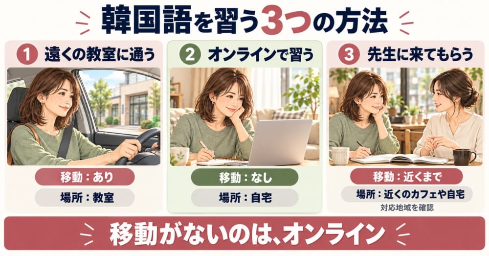 韓国語教室が近くにない人が韓国語を習う3つの方法（遠くの教室に通う・オンラインで習う・先生に来てもらう）