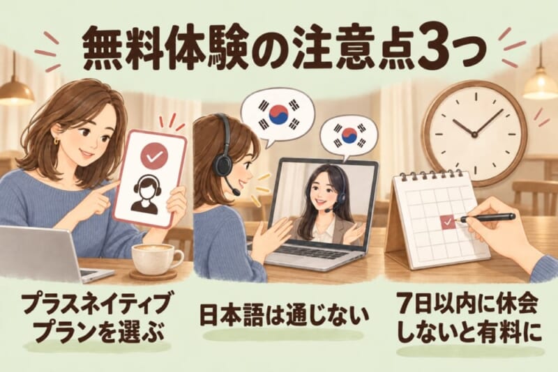 DMM英会話の無料体験の注意点3つ。プラスネイティブプランを選ぶ、日本語は通じない、7日以内に休会しないと有料に