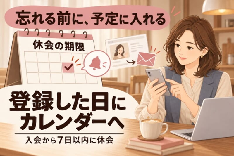 忘れる前に、休会の期限を登録した日にカレンダーへ入れる。入会から7日以内に休会