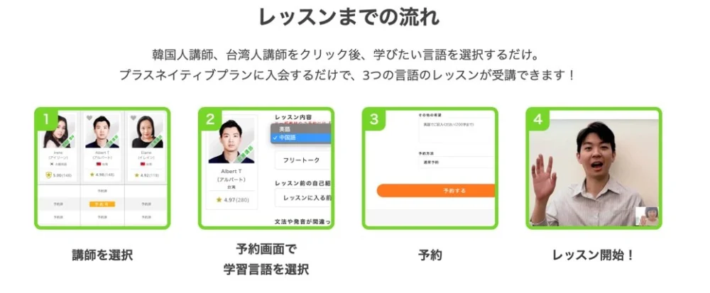 DMM英会話の韓国語レッスンまでの流れ。講師を選択、予約画面で学習言語を選択、予約、レッスン開始