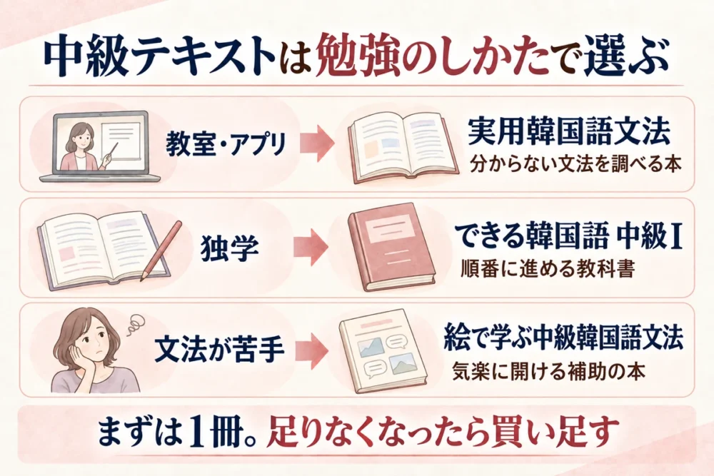 中級テキストは勉強のしかたで選ぶ。教室・アプリなら実用韓国語文法、独学ならできる韓国語 中級Ⅰ、文法が苦手なら絵で学ぶ中級韓国語文法。まずは1冊