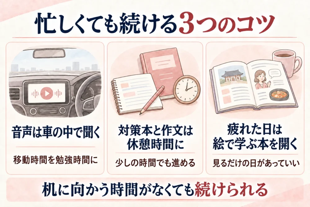 忙しくても続ける3つのコツ。音声は車の中で聞く、対策本と作文は休憩時間に、疲れた日は絵で学ぶ本を開く