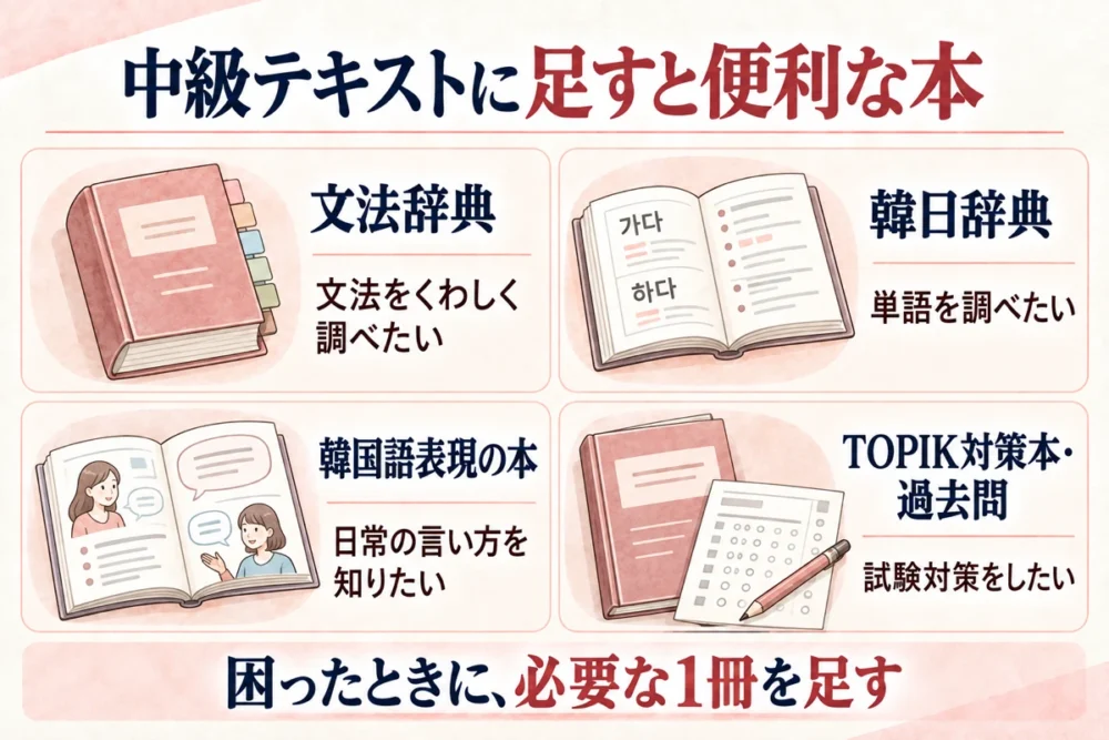中級テキストに足すと便利な本。文法辞典、韓日辞典、韓国語表現の本、TOPIK対策本・過去問