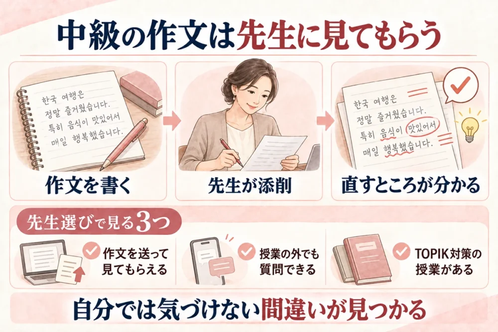 中級の作文は先生に見てもらう。作文を書く、先生が添削、直すところが分かる。先生選びで見る3つは、作文を送って見てもらえる、授業の外でも質問できる、TOPIK対策の授業がある