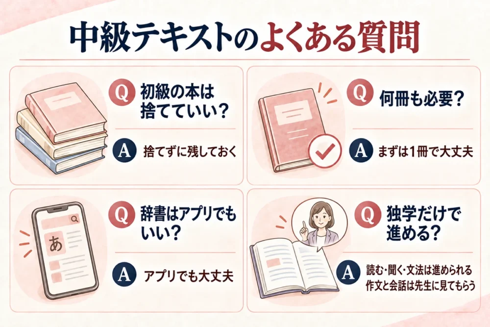 中級テキストのよくある質問。初級の本は捨てずに残す、まずは1冊で大丈夫、辞書はアプリでも大丈夫、作文と会話は先生に見てもらう