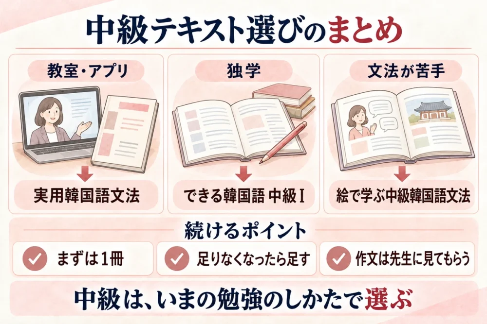 中級テキスト選びのまとめ。教室・アプリは実用韓国語文法、独学はできる韓国語 中級Ⅰ、文法が苦手なら絵で学ぶ中級韓国語文法。まずは1冊、足りなくなったら足す、作文は先生に見てもらう