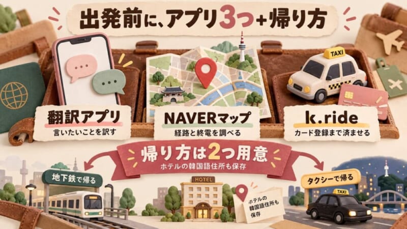 出発前に、翻訳アプリ・NAVERマップ・k.rideの3つと、ホテルへの帰り方を2つ用意する