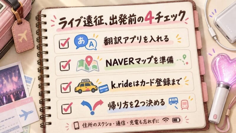 ライブ遠征の出発前の4チェック。翻訳アプリ、NAVERマップ、k.rideのカード登録、帰り方を2つ
