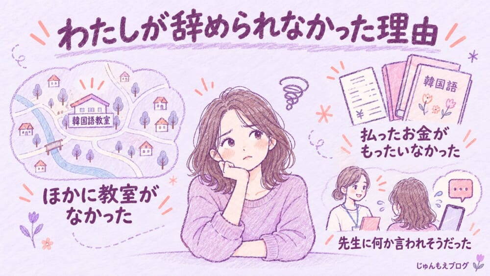 じゅんが韓国語教室を辞められなかった3つの理由。ほかに教室がなかった、払ったお金がもったいなかった、先生に何か言われそうだった